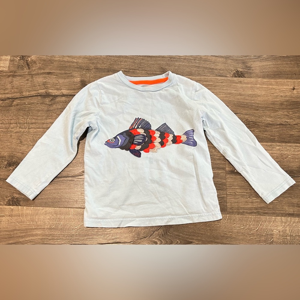 Mini Boden Long Sleeve Blue Tee Fish Appliqué 4 5